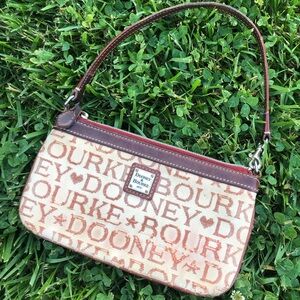 Dooney & Bourke Beige and Brown Logo Jacquard Wristlet with Red Zip Trim
